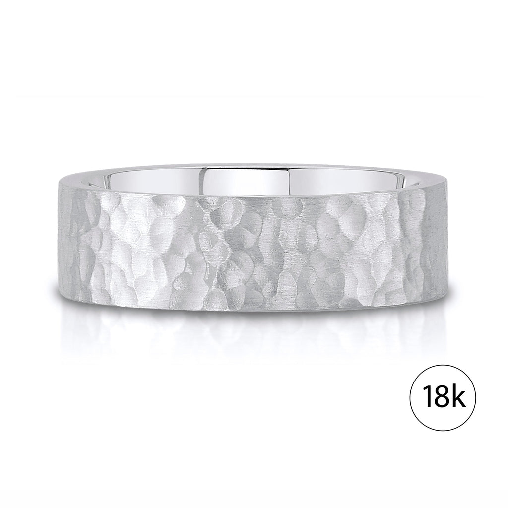 Flat Hammered Satin Band in 18k White Gold (7mm)