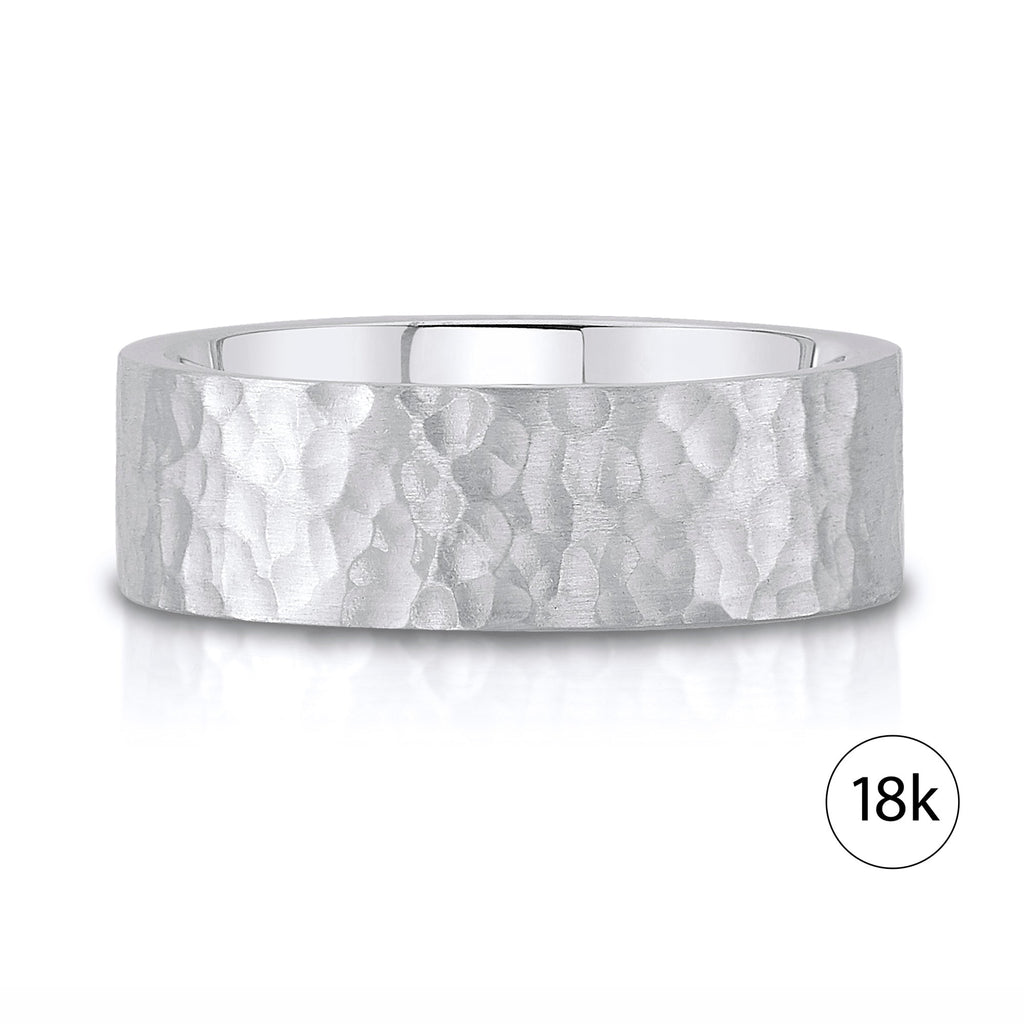 Flat Hammered Satin Band in 18k White Gold (8mm)